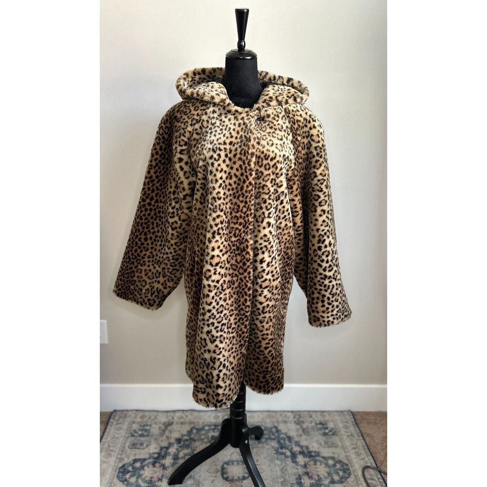 DENNIS BASSO Leopard Print Faux Fur Hooded Coat Size L